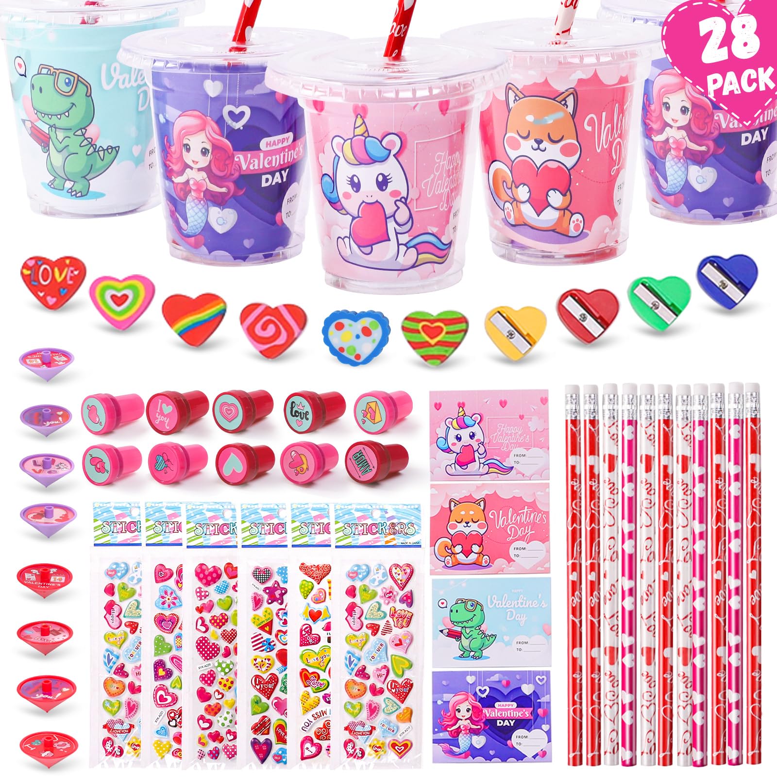 Valentine's Day 28 Pack Stationery Set for Kids - 224 Piece Classroom Exchange Gifts with Cups, Cards, Pencils & More
