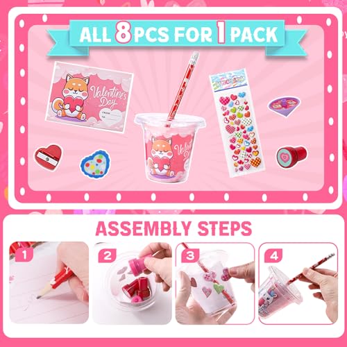 Valentine's Day 28 Pack Stationery Set for Kids - 224 Piece Classroom Exchange Gifts with Cups, Cards, Pencils & More