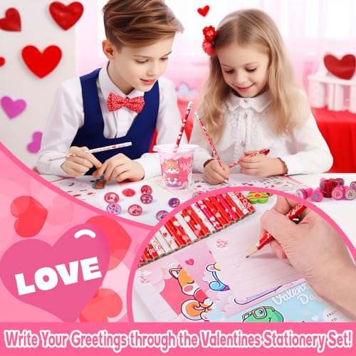 Valentine's Day 28 Pack Stationery Set for Kids - 224 Piece Classroom Exchange Gifts with Cups, Cards, Pencils & More