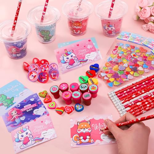 Valentine's Day 28 Pack Stationery Set for Kids - 224 Piece Classroom Exchange Gifts with Cups, Cards, Pencils & More
