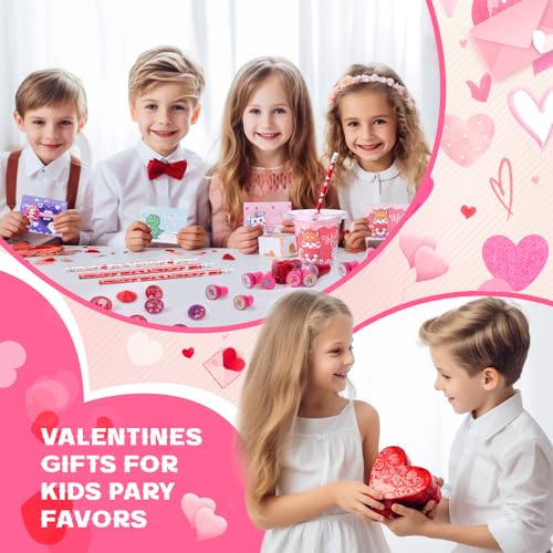 Valentine's Day 28 Pack Stationery Set for Kids - 224 Piece Classroom Exchange Gifts with Cups, Cards, Pencils & More