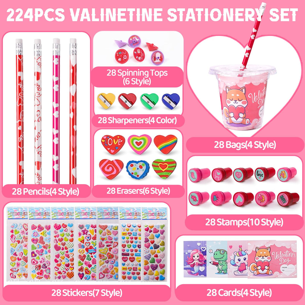 Valentine's Day 28 Pack Stationery Set for Kids - 224 Piece Classroom Exchange Gifts with Cups, Cards, Pencils & More
