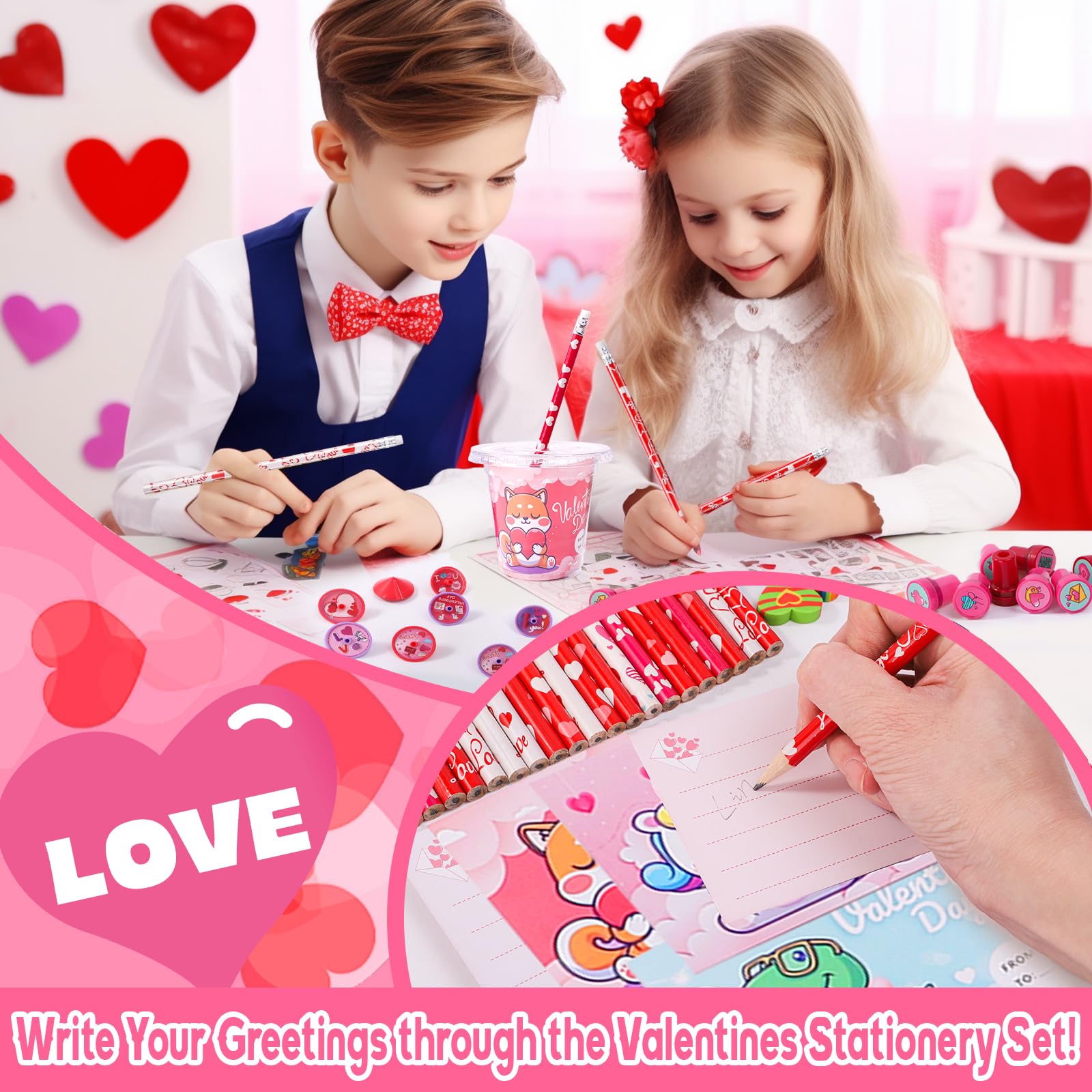 Valentine's Day 28 Pack Stationery Set for Kids - 224 Piece Classroom Exchange Gifts with Cups, Cards, Pencils & More