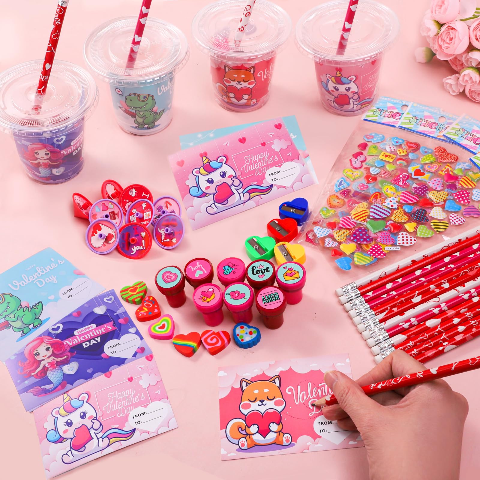 Valentine's Day 28 Pack Stationery Set for Kids - 224 Piece Classroom Exchange Gifts with Cups, Cards, Pencils & More