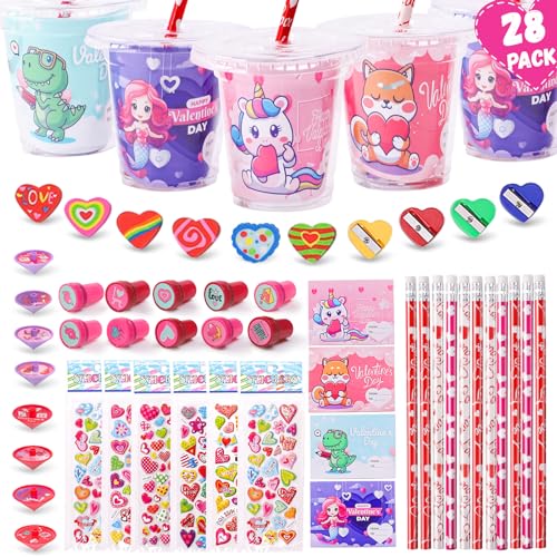 Valentine's Day 28 Pack Stationery Set for Kids - 224 Piece Classroom Exchange Gifts with Cups, Cards, Pencils & More