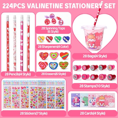 Valentine's Day 28 Pack Stationery Set for Kids - 224 Piece Classroom Exchange Gifts with Cups, Cards, Pencils & More