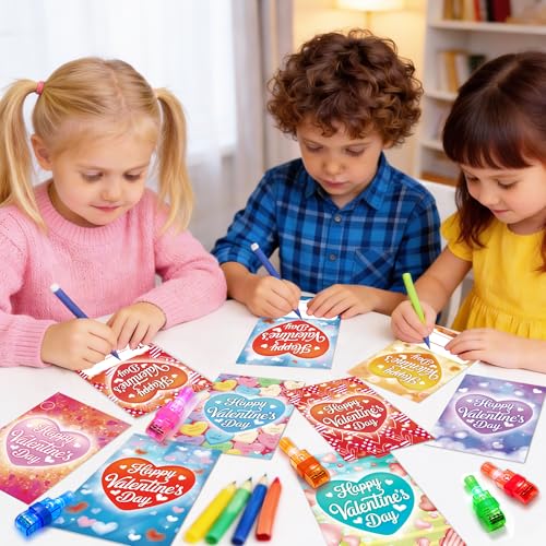 Valentine's Day Cards with Finger Lights - 28 Pack Neon Projection Party Favors for Kids Classroom Exchange