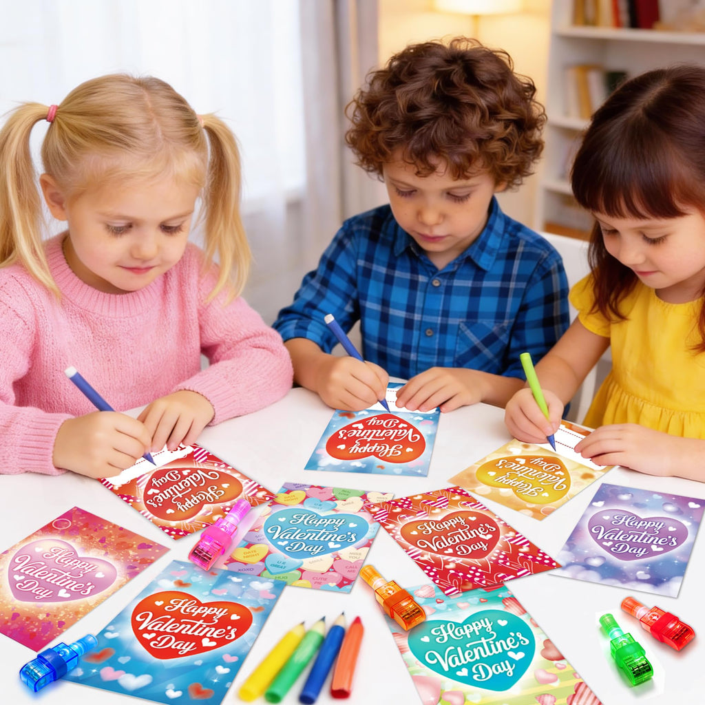 Valentine's Day Cards with Finger Lights - 28 Pack Neon Projection Party Favors for Kids Classroom Exchange