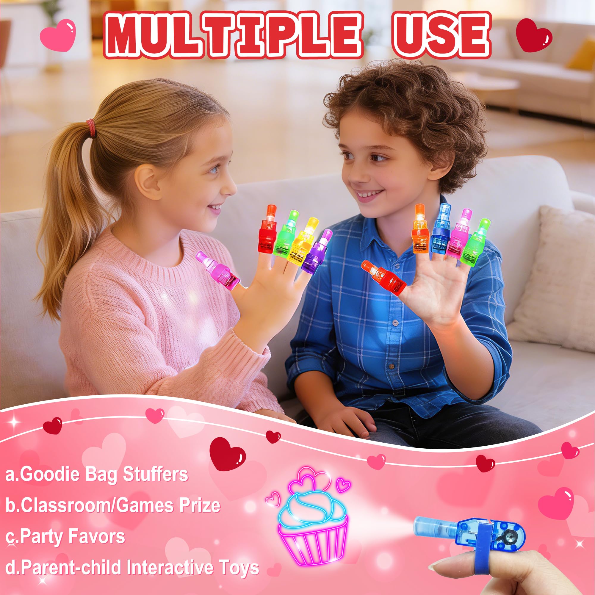 Valentine's Day Cards with Finger Lights - 28 Pack Neon Projection Party Favors for Kids Classroom Exchange