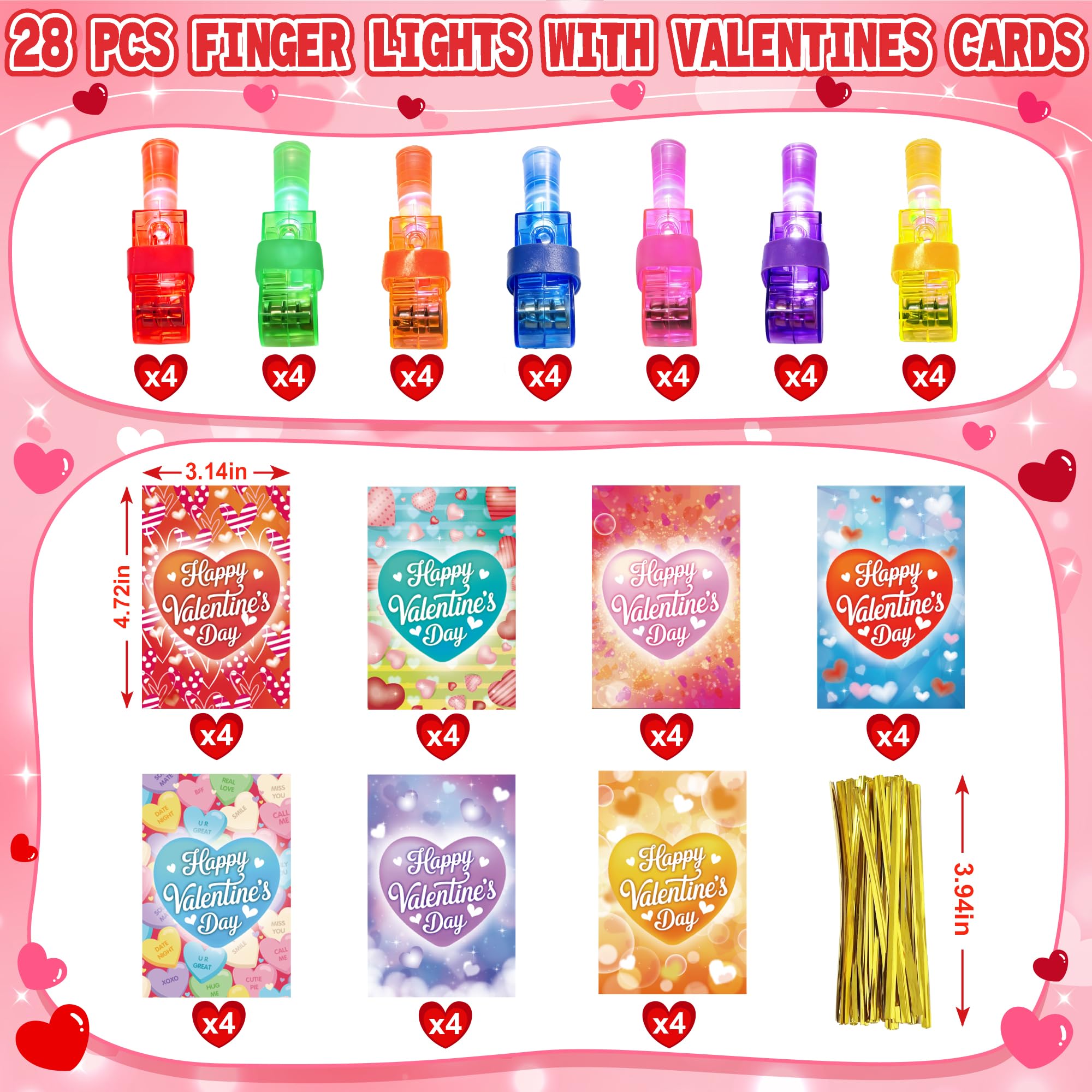 Valentine's Day Cards with Finger Lights - 28 Pack Neon Projection Party Favors for Kids Classroom Exchange
