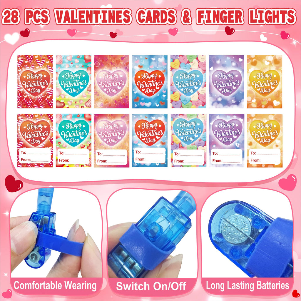 Valentine's Day Cards with Finger Lights - 28 Pack Neon Projection Party Favors for Kids Classroom Exchange