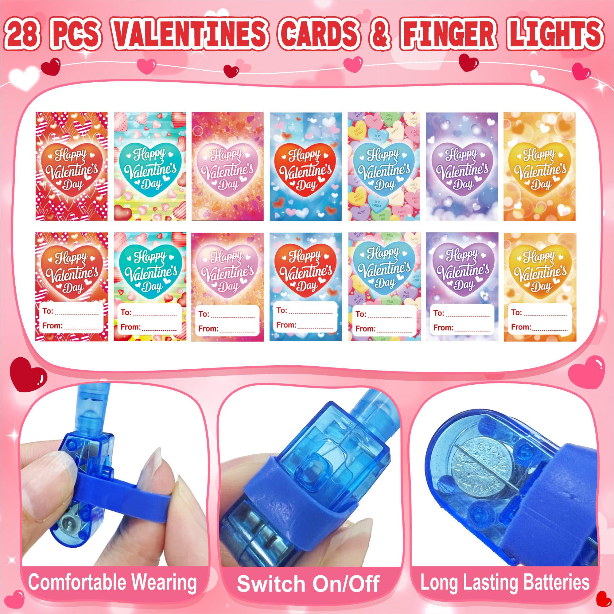Valentine's Day Cards with Finger Lights - 28 Pack Neon Projection Party Favors for Kids Classroom Exchange