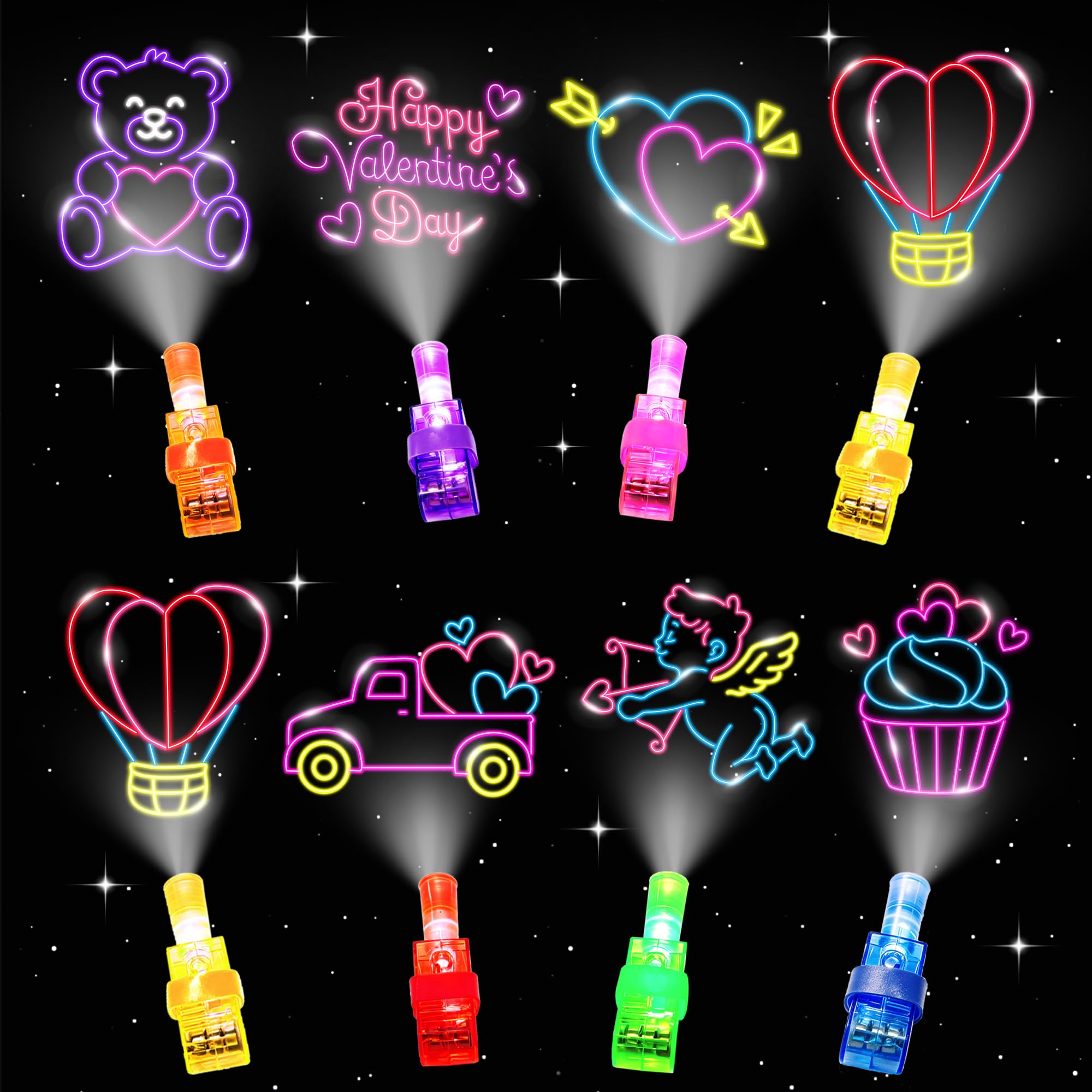 Valentine's Day Cards with Finger Lights - 28 Pack Neon Projection Party Favors for Kids Classroom Exchange