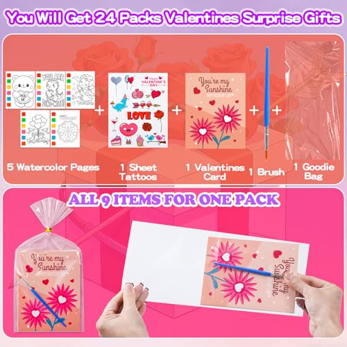 Valentine's Day Gifts for Kids - 536 Pcs Water Coloring Books & Temporary Tattoos Bulk Set with Cards, Bags, Brushes