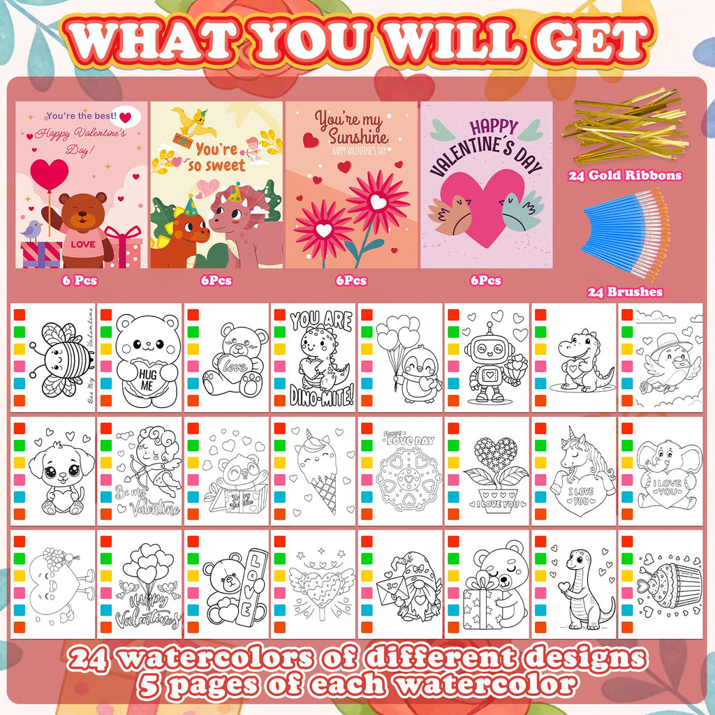 Valentine's Day Gifts for Kids - 536 Pcs Water Coloring Books & Temporary Tattoos Bulk Set with Cards, Bags, Brushes