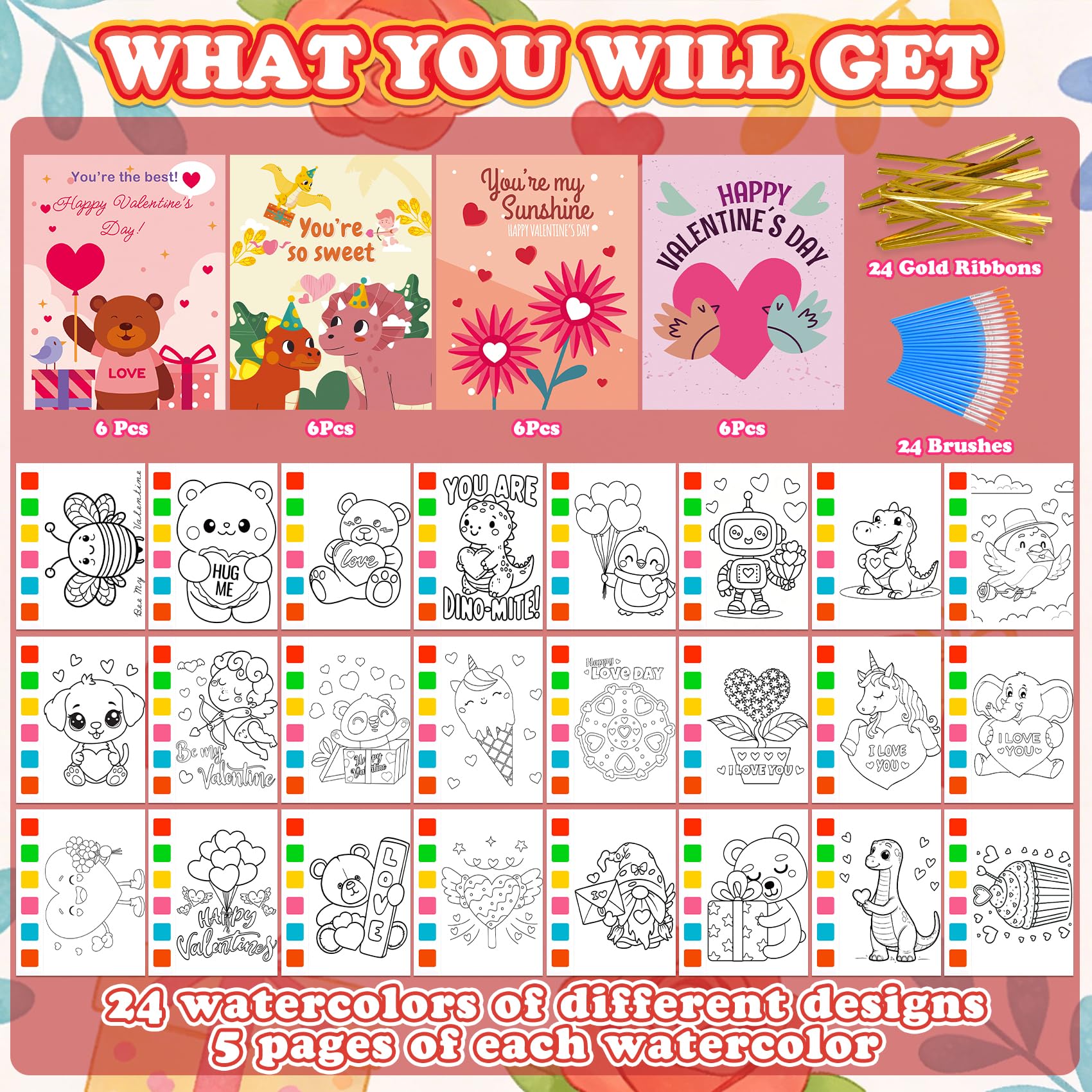 Valentine's Day Gifts for Kids - 536 Pcs Water Coloring Books & Temporary Tattoos Bulk Set with Cards, Bags, Brushes