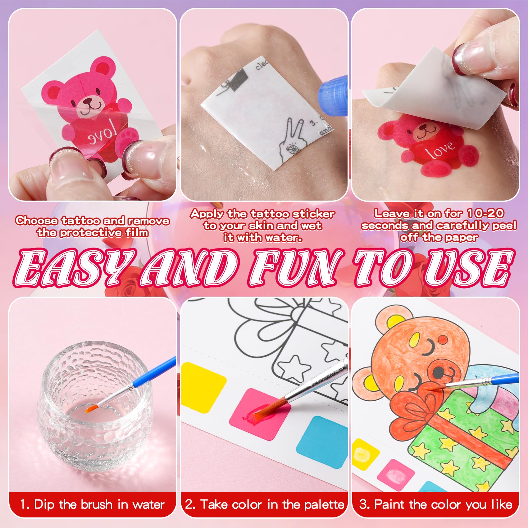 Valentine's Day Gifts for Kids - 536 Pcs Water Coloring Books & Temporary Tattoos Bulk Set with Cards, Bags, Brushes