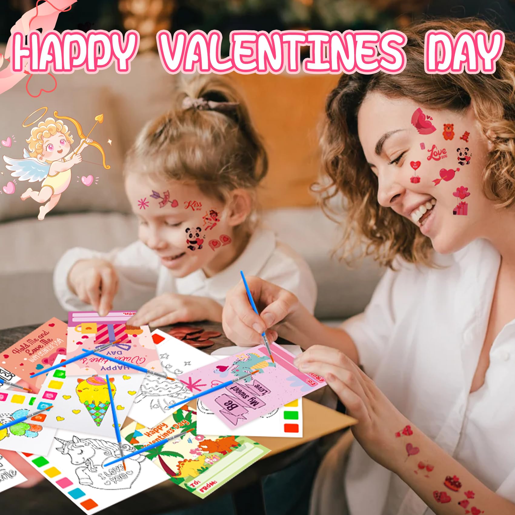 Valentine's Day Gifts for Kids - 536 Pcs Water Coloring Books & Temporary Tattoos Bulk Set with Cards, Bags, Brushes