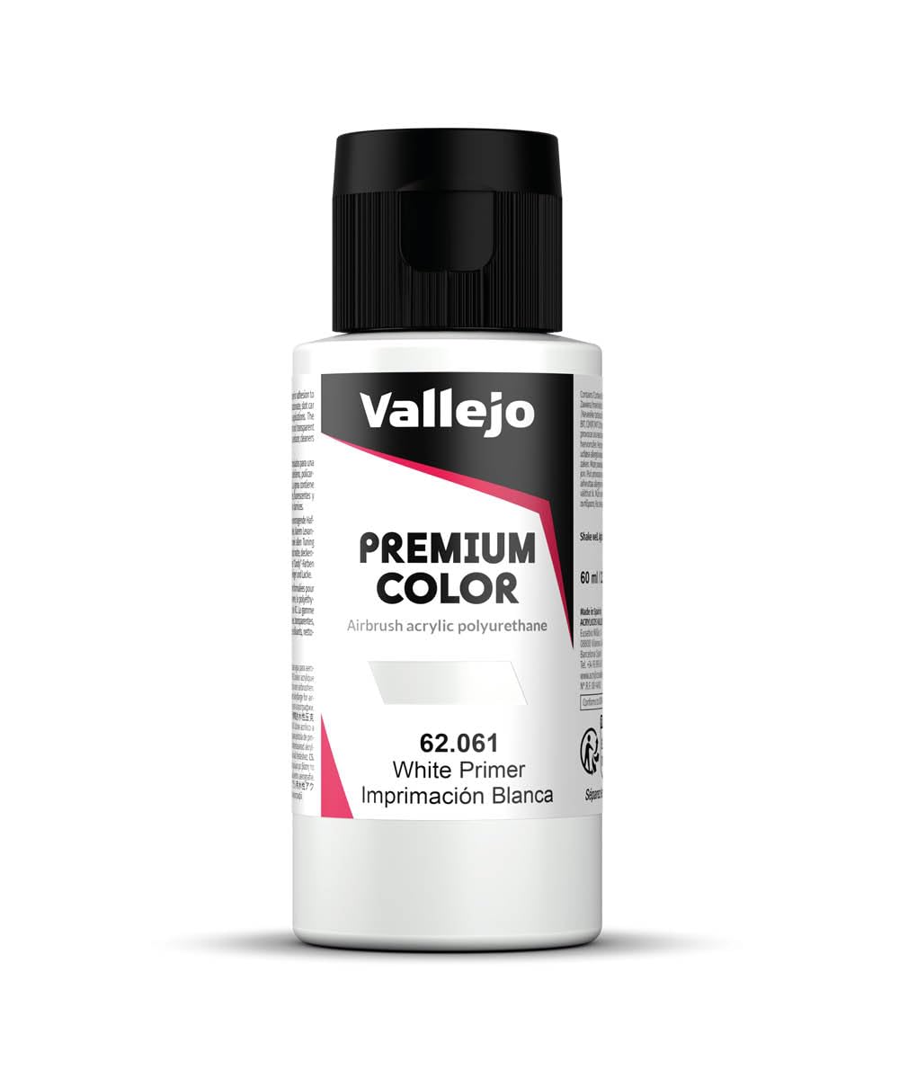 Vallejo Premium Color RC White Primer 60ml for Airbrushing, Acrylic-Polyurethane Paint for Models