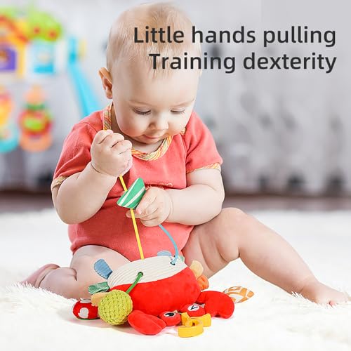 Vamotto Crab Car Seat & Stroller Toy - Sensory Hanging Toy for Babies 0-12 Months with Rattle, Mirror, Squeaker, Fine Motor Skills