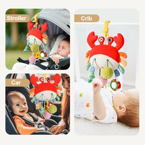 Vamotto Crab Car Seat & Stroller Toy - Sensory Hanging Toy for Babies 0-12 Months with Rattle, Mirror, Squeaker, Fine Motor Skills