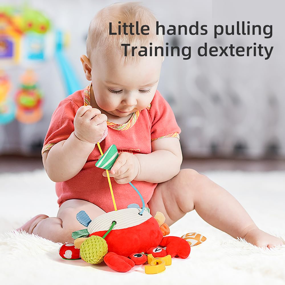 Vamotto Crab Car Seat & Stroller Toy - Sensory Hanging Toy for Babies 0-12 Months with Rattle, Mirror, Squeaker, Fine Motor Skills