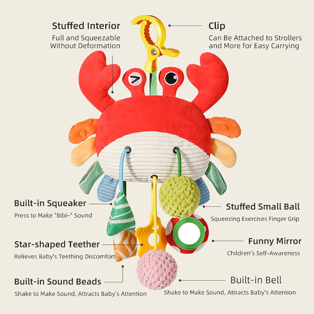Vamotto Crab Car Seat & Stroller Toy - Sensory Hanging Toy for Babies 0-12 Months with Rattle, Mirror, Squeaker, Fine Motor Skills