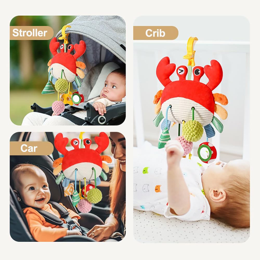Vamotto Crab Car Seat & Stroller Toy - Sensory Hanging Toy for Babies 0-12 Months with Rattle, Mirror, Squeaker, Fine Motor Skills