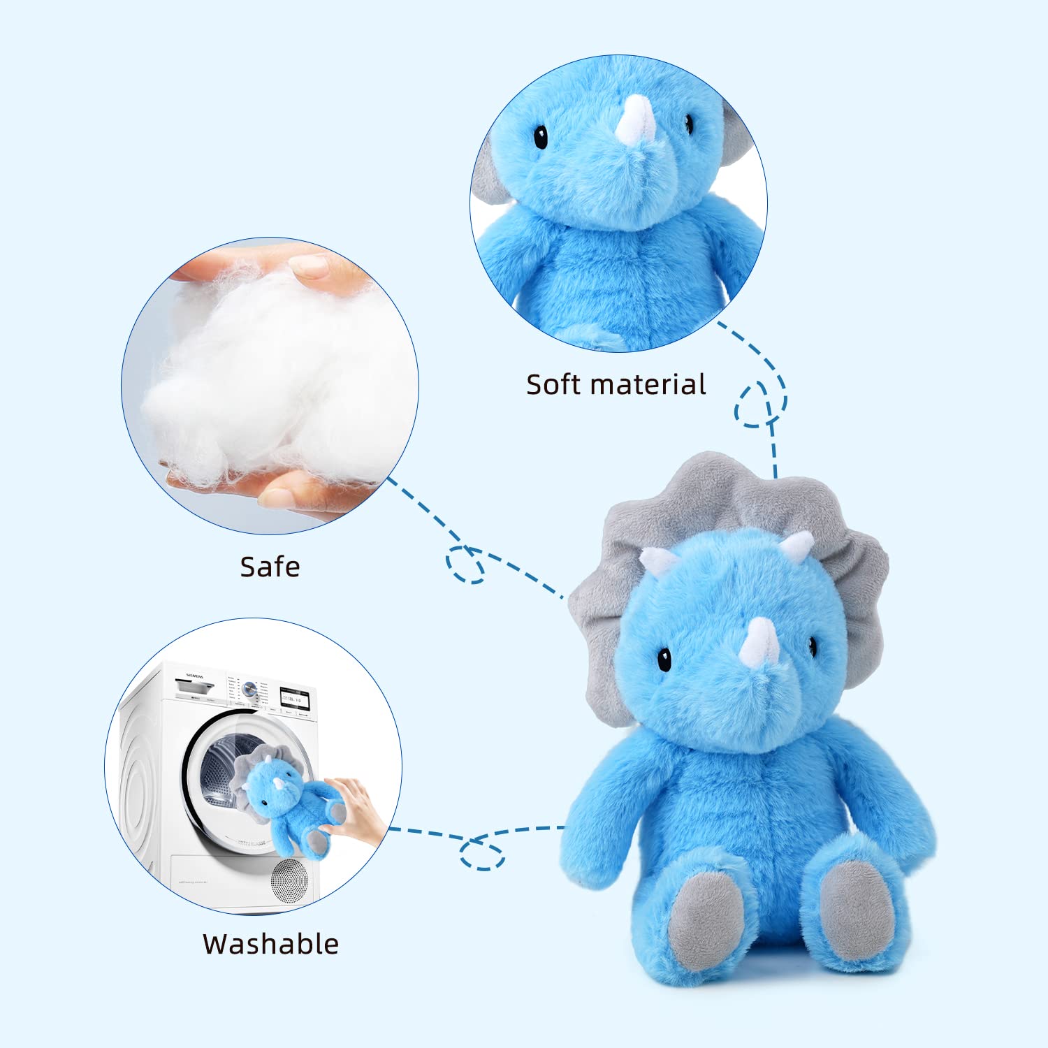 VANLINNY Blue Triceratops Stuffed Animal - 9 Inch Soft Plush Dinosaur Toy for Kids