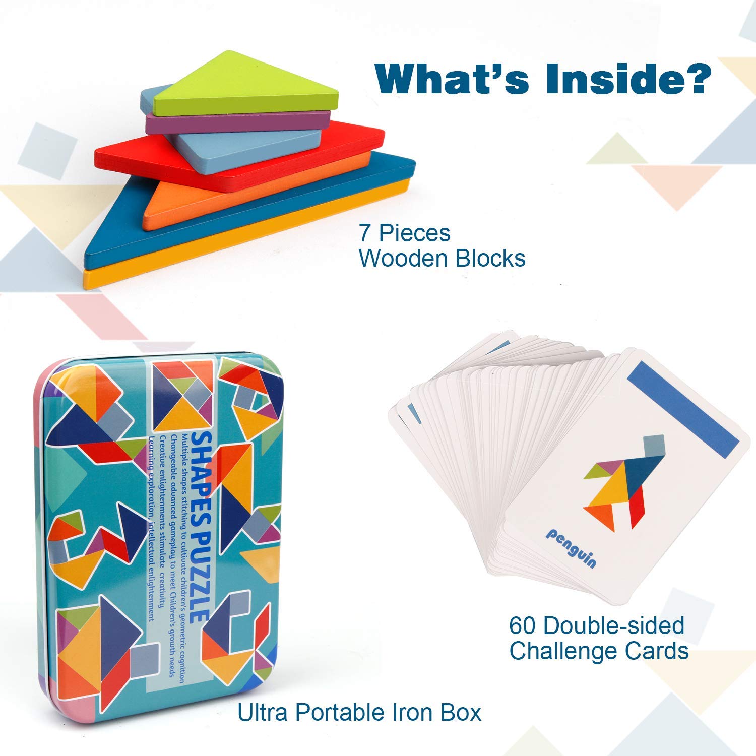 Vanmor Wooden Tangram Puzzle Set – 60 Double-Sided Pattern Cards, Travel Toy for Kids Ages 4-8