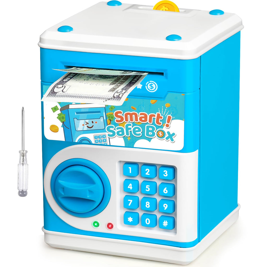 Vcertcpl Blue ATM Piggy Bank for Kids with 4-Digit Code and Auto Bill Slot