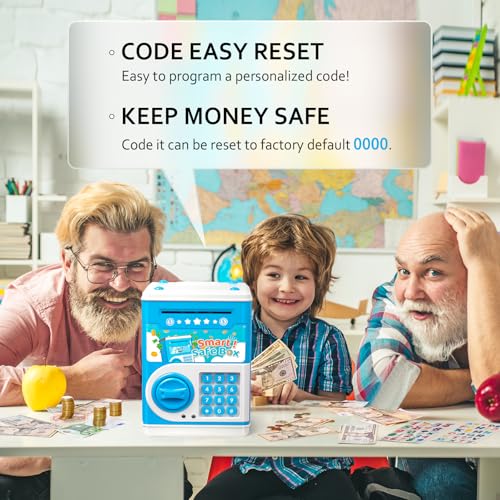 Vcertcpl Blue ATM Piggy Bank for Kids with 4-Digit Code and Auto Bill Slot
