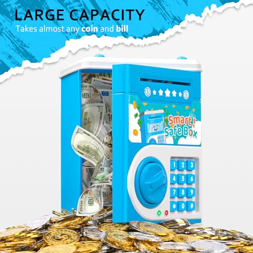 Vcertcpl Blue ATM Piggy Bank for Kids with 4-Digit Code and Auto Bill Slot