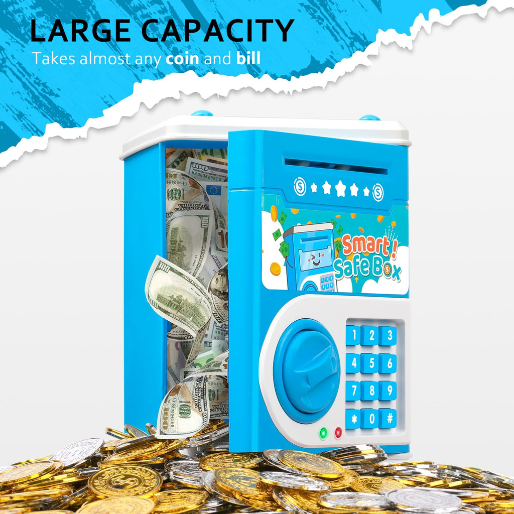 Vcertcpl Blue ATM Piggy Bank for Kids with 4-Digit Code and Auto Bill Slot