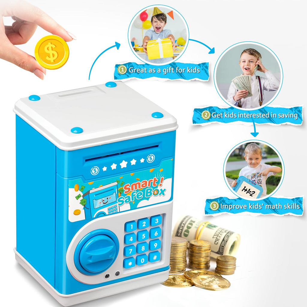Vcertcpl Blue ATM Piggy Bank for Kids with 4-Digit Code and Auto Bill Slot