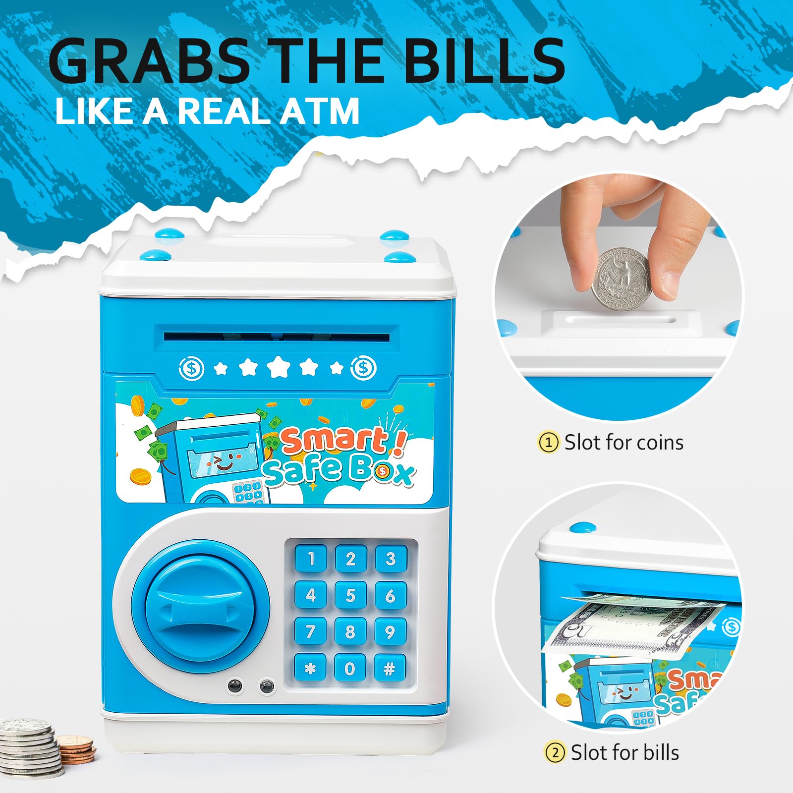 Vcertcpl Blue ATM Piggy Bank for Kids with 4-Digit Code and Auto Bill Slot