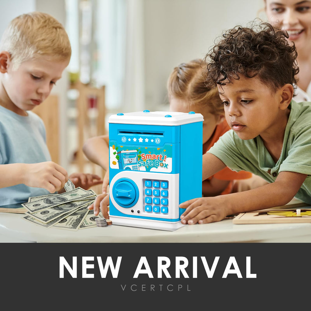 Vcertcpl Blue ATM Piggy Bank for Kids with 4-Digit Code and Auto Bill Slot