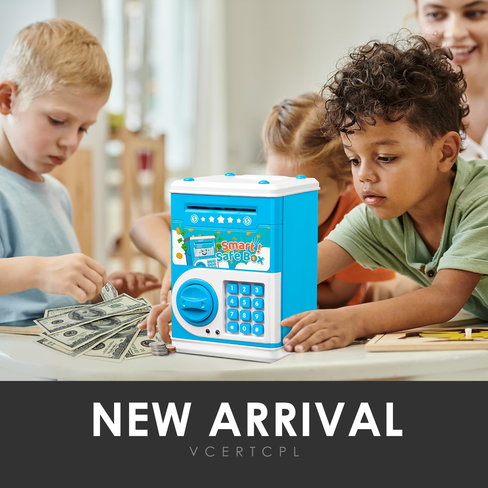 Vcertcpl Blue ATM Piggy Bank for Kids with 4-Digit Code and Auto Bill Slot