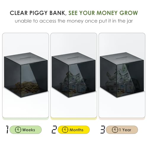 Vcertcpl Clear Acrylic Piggy Bank – Must Break to Open, 1.4L Capacity, Gray 12x12 cm