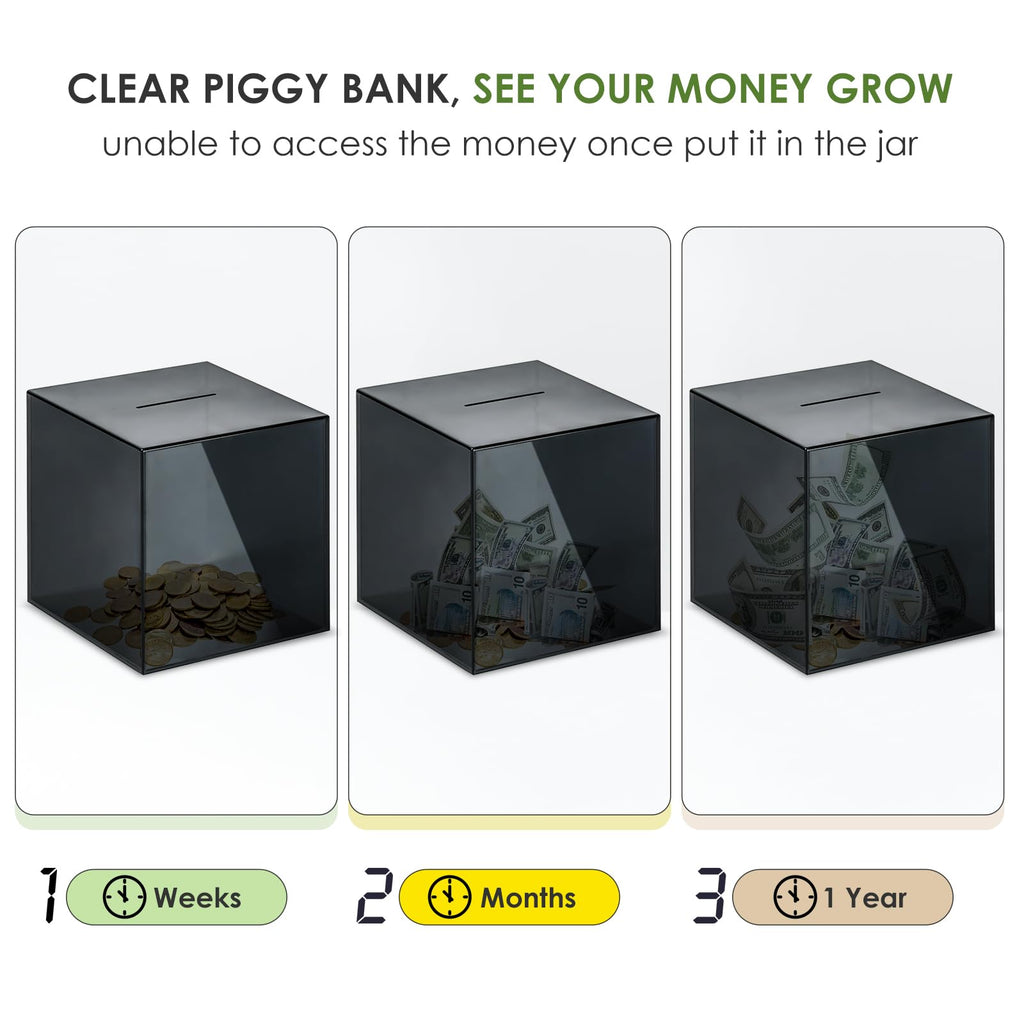 Vcertcpl Clear Acrylic Piggy Bank – Must Break to Open, 1.4L Capacity, Gray 12x12 cm