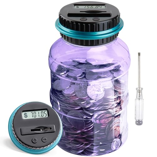 Vcertcpl Digital Coin Counting Piggy Bank, 1.8L Capacity, LCD Screen, Purple