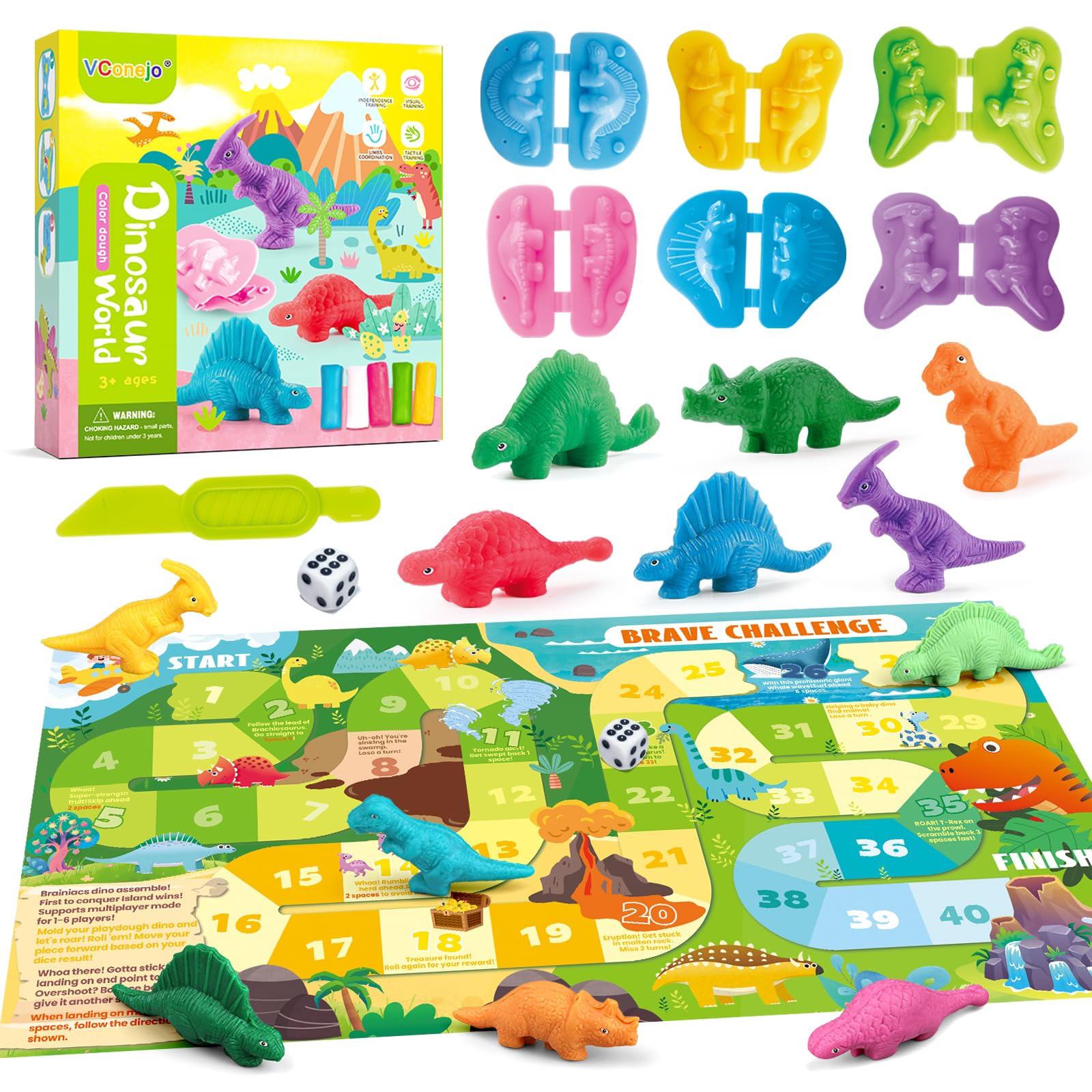 VConejo Dinosaur Dough Set with Board Game - 6 Dino Modeling Tools, 5 Playdough, Adventure Map & Dice for Kids Ages 3+