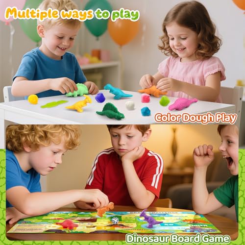 VConejo Dinosaur Dough Set with Board Game - 6 Dino Modeling Tools, 5 Playdough, Adventure Map & Dice for Kids Ages 3+