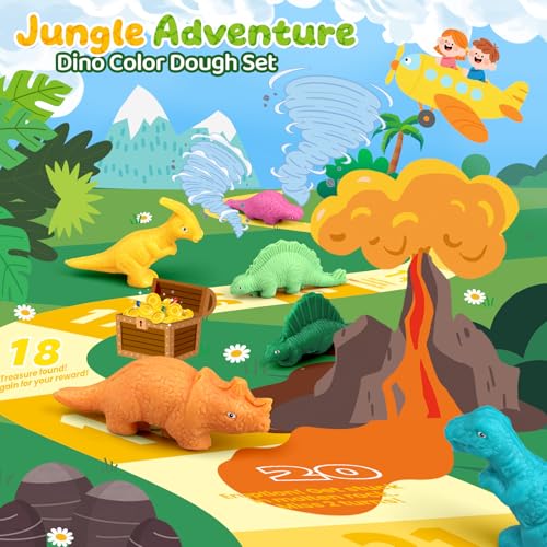 VConejo Dinosaur Dough Set with Board Game - 6 Dino Modeling Tools, 5 Playdough, Adventure Map & Dice for Kids Ages 3+