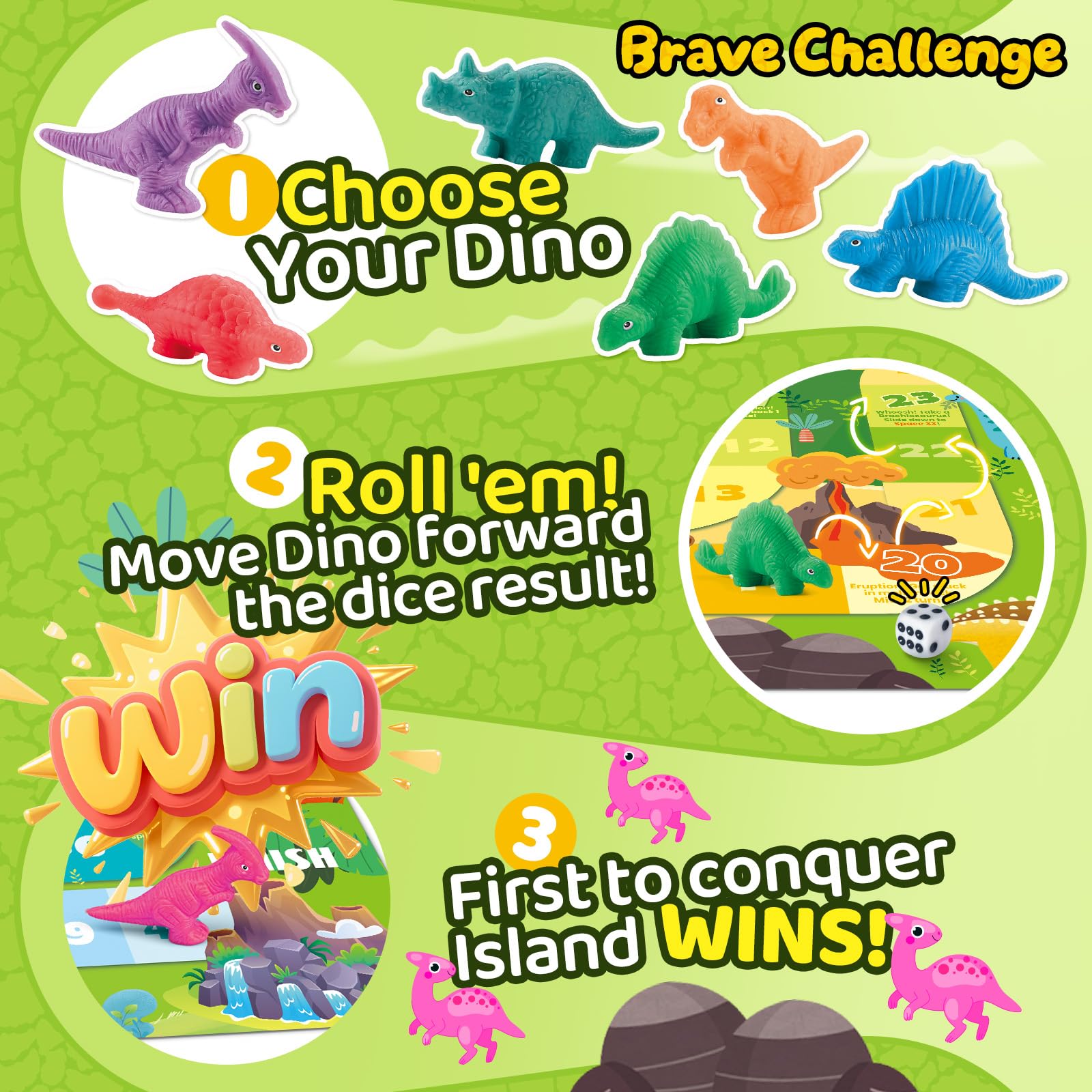 VConejo Dinosaur Dough Set with Board Game - 6 Dino Modeling Tools, 5 Playdough, Adventure Map & Dice for Kids Ages 3+