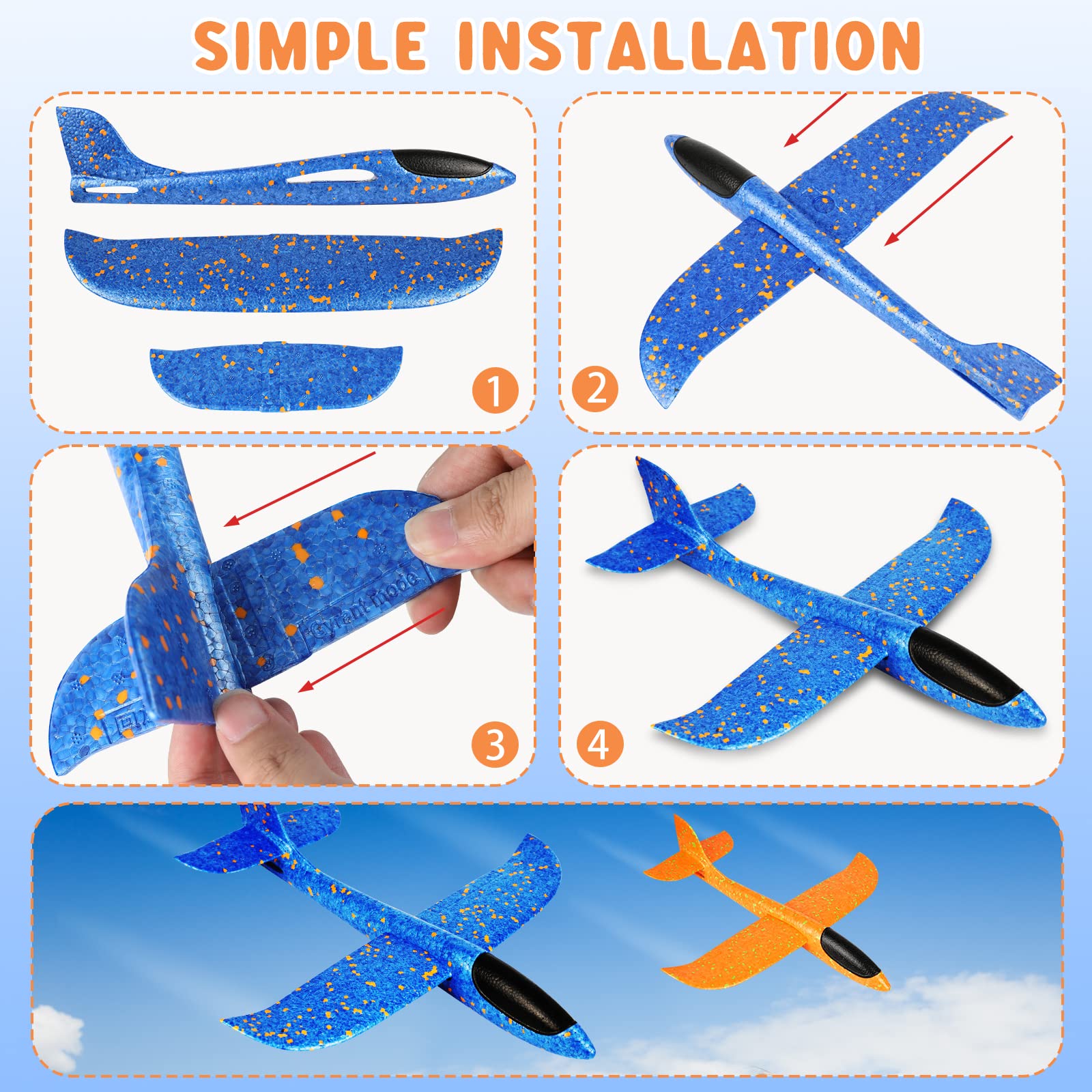 VCOSTORE 2 Pack Foam Airplanes for Kids – 13.3'' Hand Throwing Glider Planes, EPP Foam, Quick Assembly, Outdoor Toy for Ages 3-12