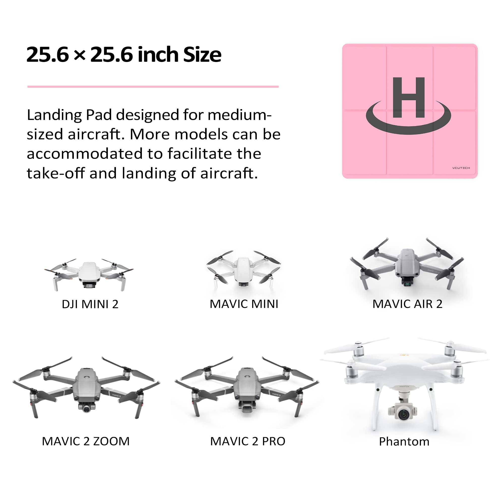 VCUTECH 25-Inch Weighted Drone Landing Pad – Waterproof PU PVC, Double-Sided, Portable for DJI Mini 3 Pro, Mavic 3, Air 2/2S, Mini 2, FPV, Avata (Pink)