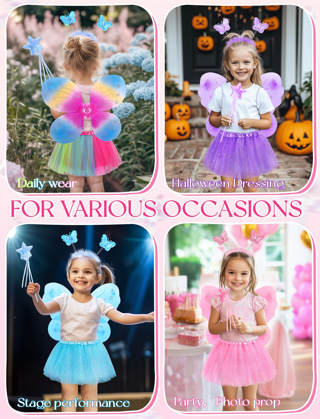VEKDA 4-Pack Fairy Costume for Girls – Tutu Skirt, Wings, Headband, and Wand Set
