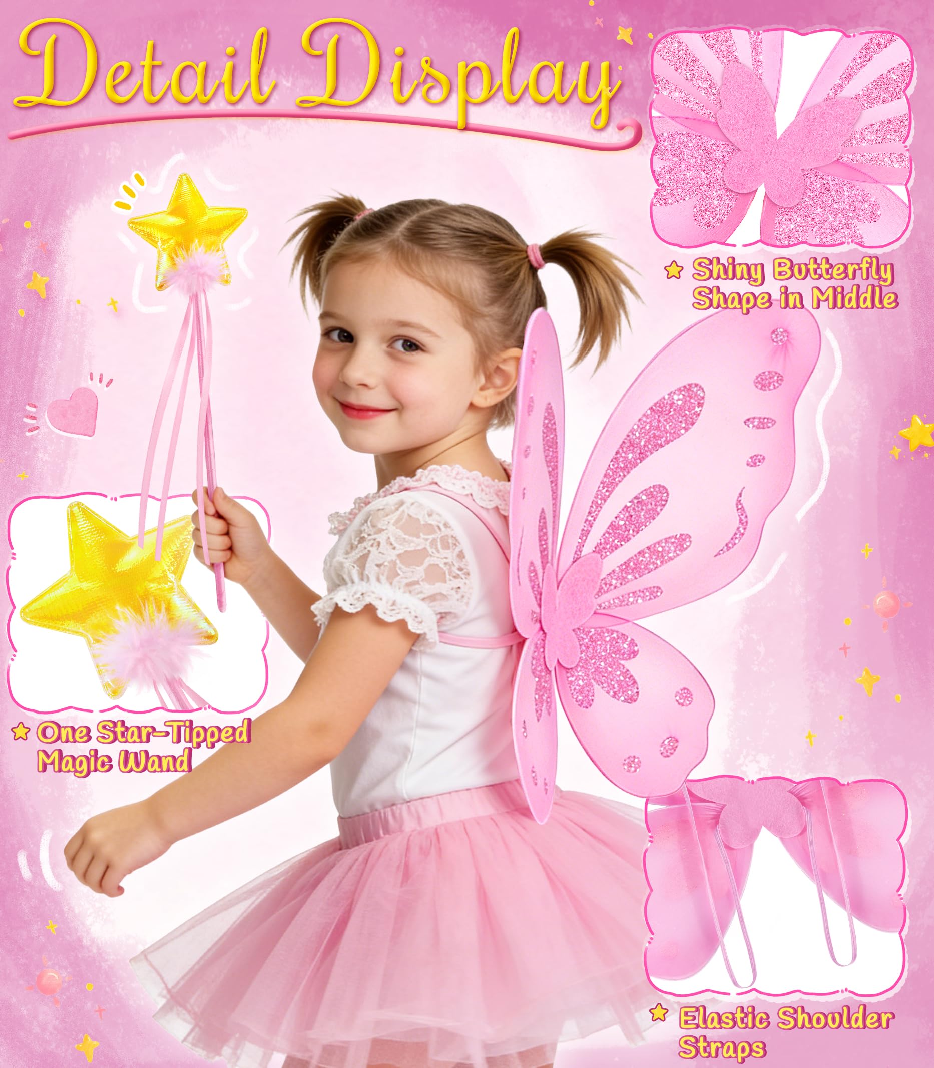 VEKDA Fairy Wings and Star Wand Set for Girls – Butterfly Costume Accessory for Dress-Up, Halloween, and Birthday Play