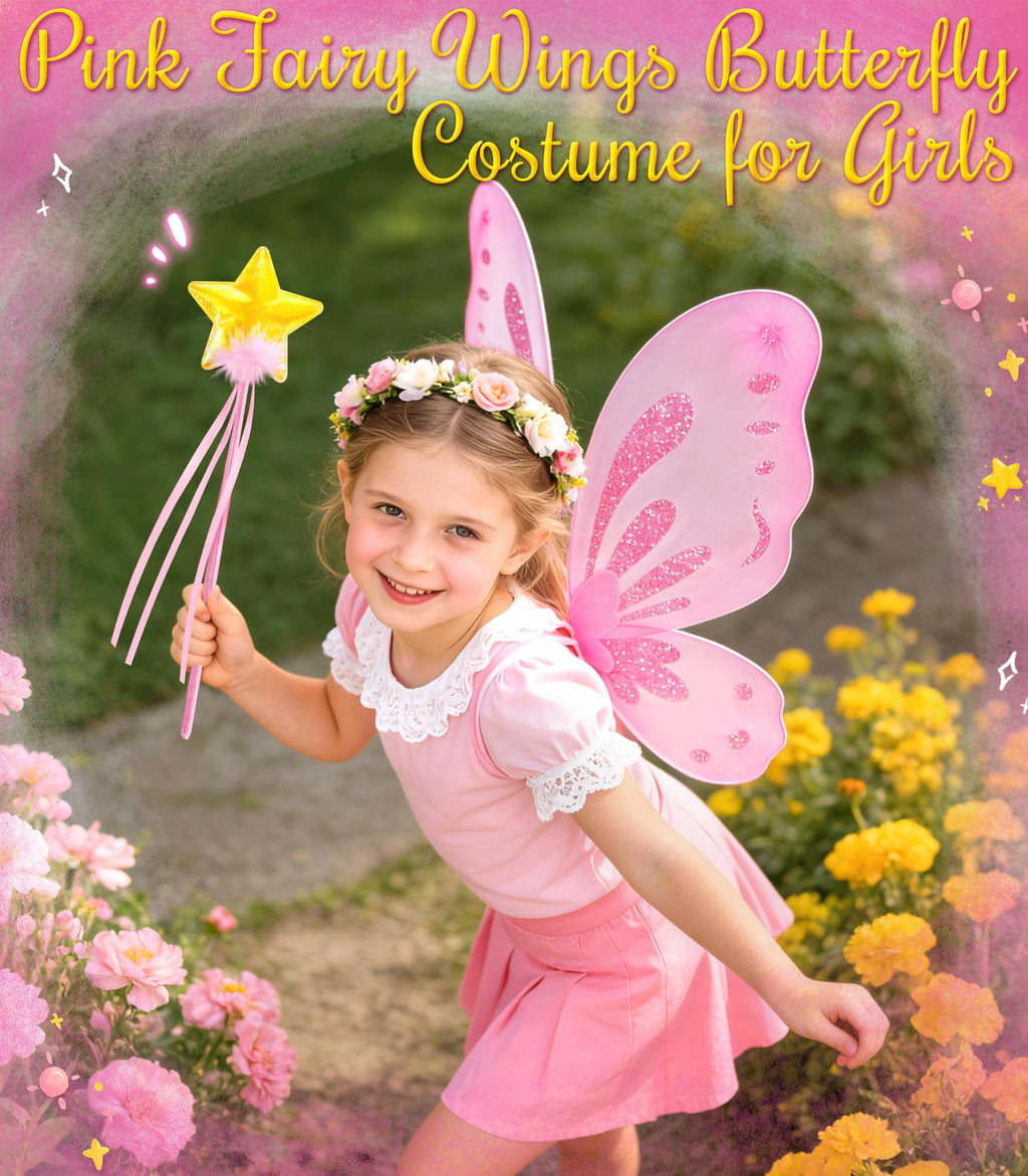 VEKDA Fairy Wings and Star Wand Set for Girls – Butterfly Costume Accessory for Dress-Up, Halloween, and Birthday Play